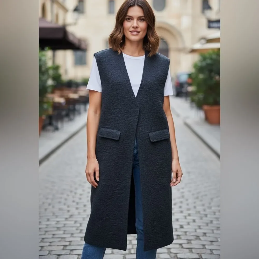 Zara Navy‎ Blue Long Winter Vest Small